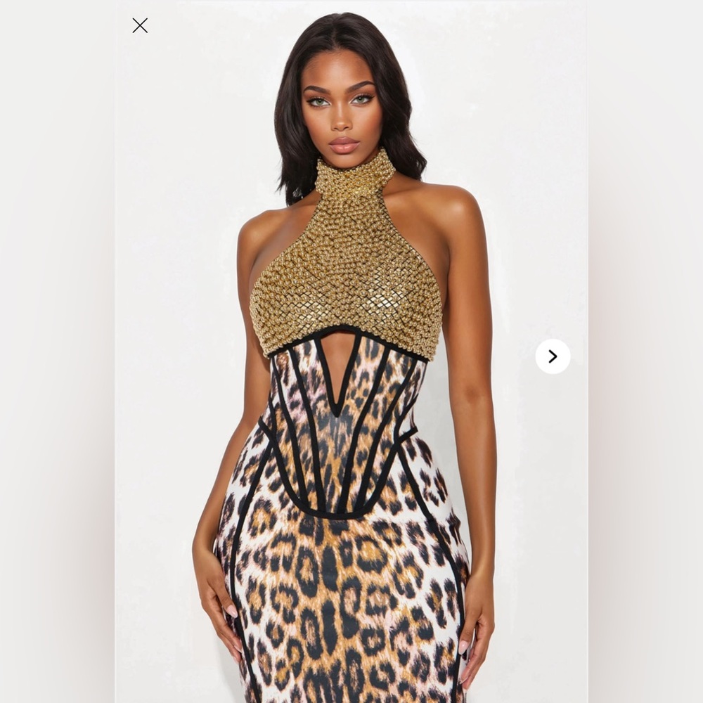 Fashion Nova Gold Halter Animal Print Midi Dress